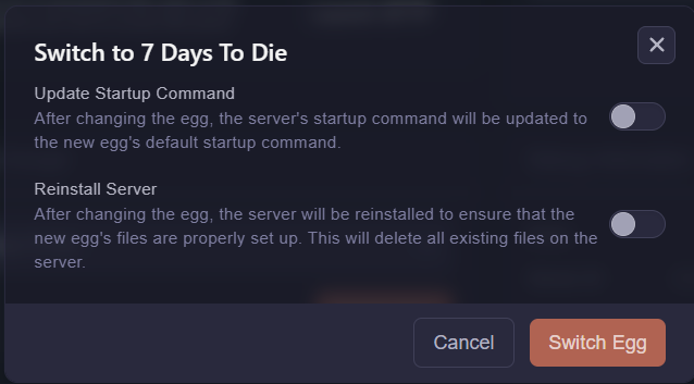 Switch game popup in the game panel with Update Startup Command and Reinstall Server toggles and the Switch Egg button